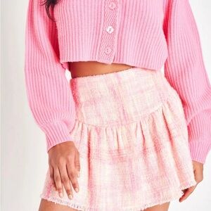 LoveShackFancy Pink and White Tiered Skater Mini Skirt